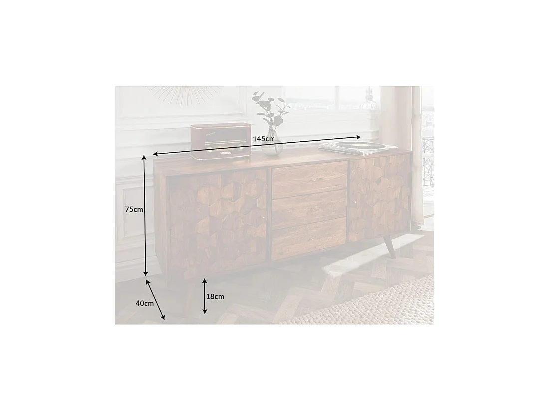 Buffet SCANI 145 cm aus massivem, lackiertem Sheeshamholz – 2 geschnitzte Türen und 3 Schubladen