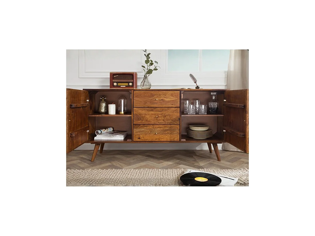 Buffet SCANI 145 cm aus massivem, lackiertem Sheeshamholz – 2 geschnitzte Türen und 3 Schubladen