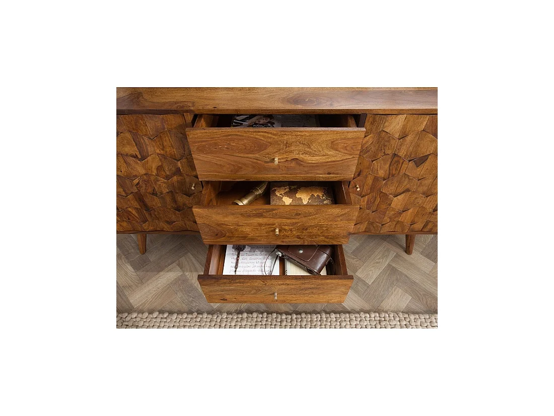 Buffet SCANI 145 cm aus massivem, lackiertem Sheeshamholz – 2 geschnitzte Türen und 3 Schubladen