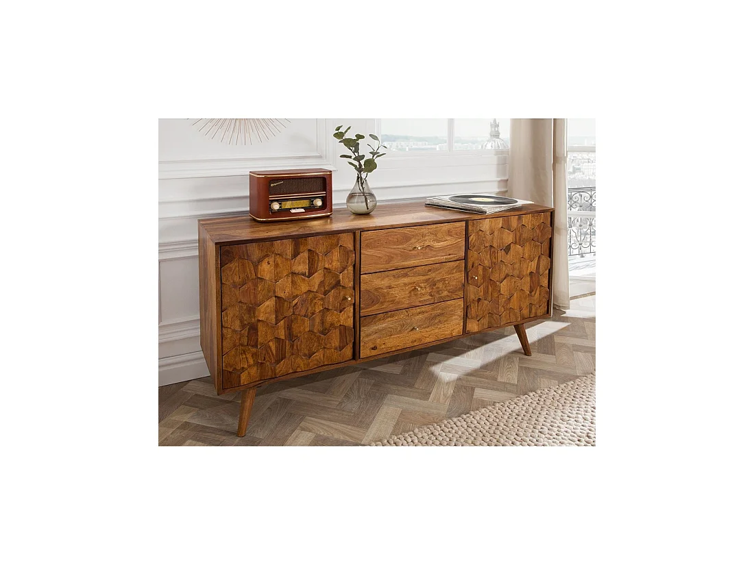 Buffet SCANI 145 cm aus massivem, lackiertem Sheeshamholz – 2 geschnitzte Türen und 3 Schubladen