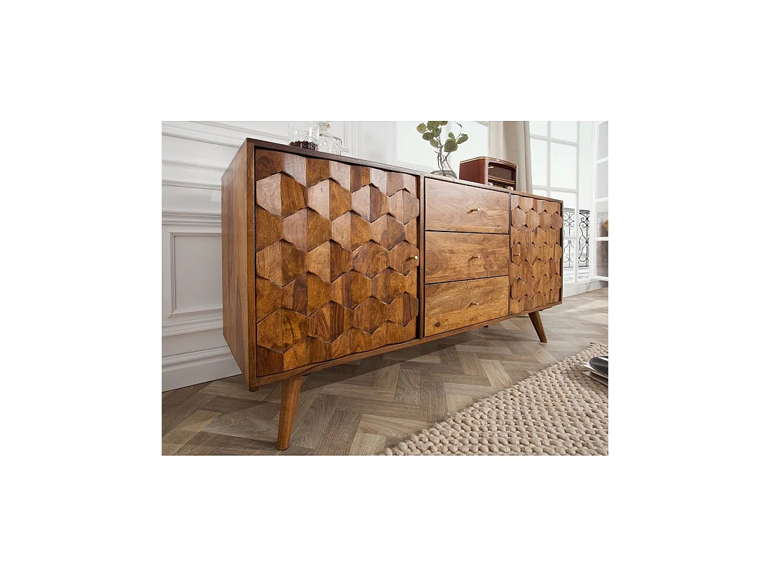 Buffet SCANI 145 cm aus massivem, lackiertem Sheeshamholz – 2 geschnitzte Türen und 3 Schubladen