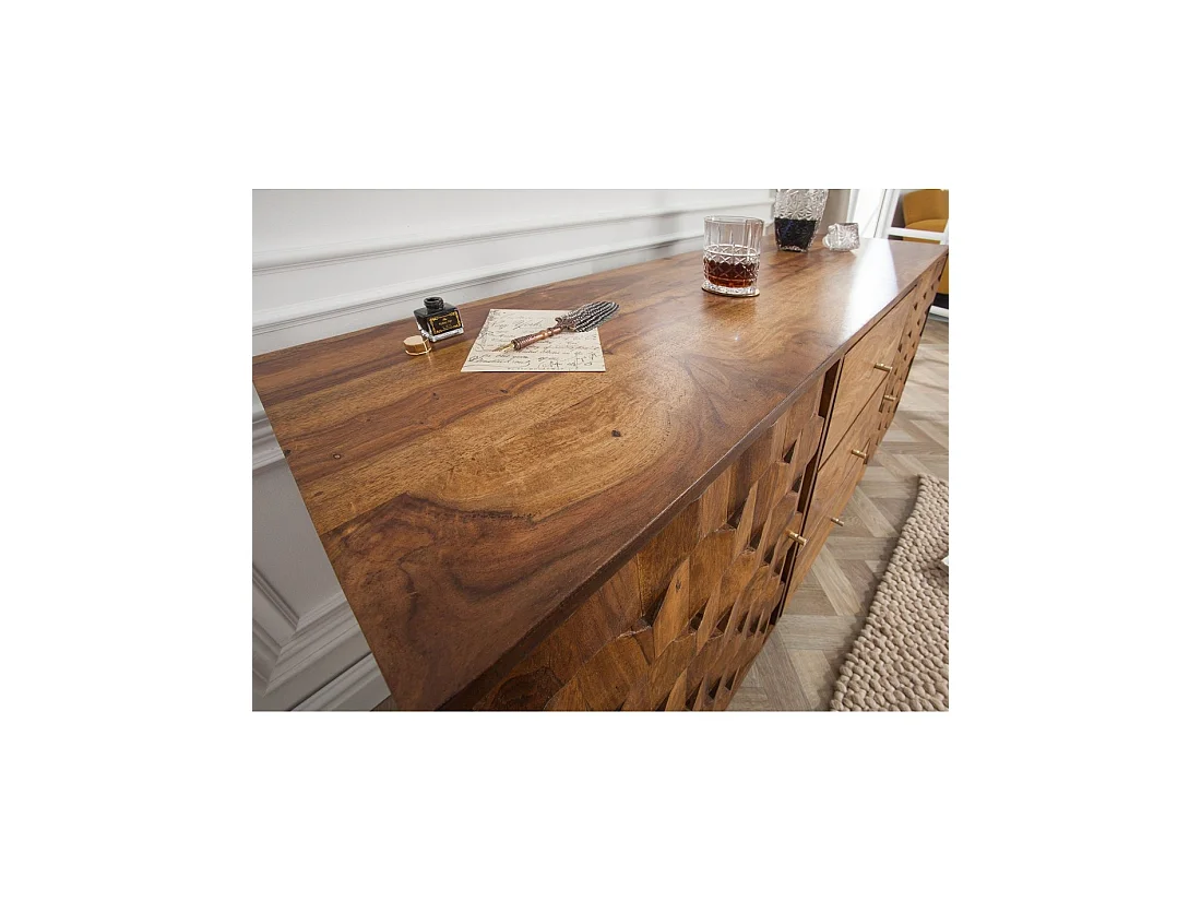 Buffet SCANI 145 cm aus massivem, lackiertem Sheeshamholz – 2 geschnitzte Türen und 3 Schubladen