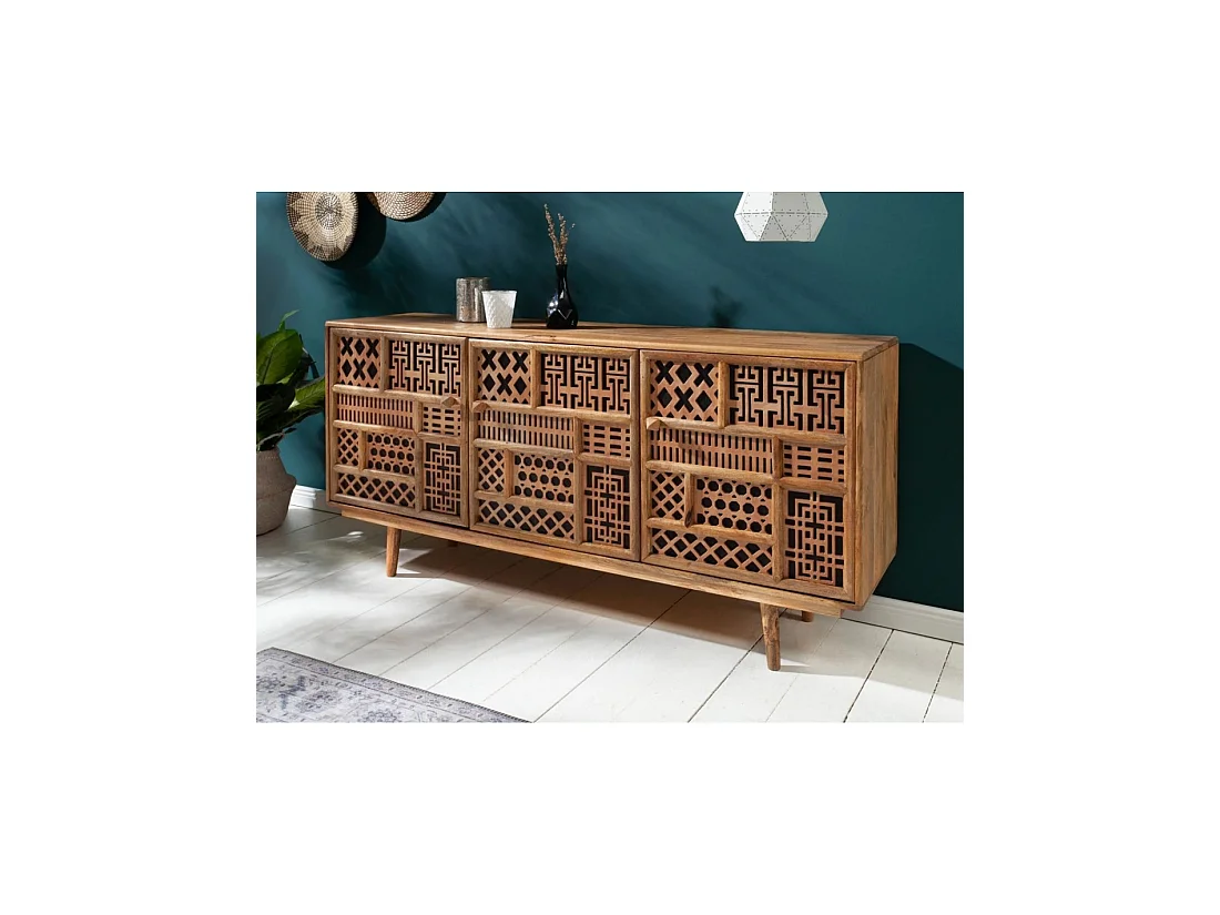 Buffet AZRA 160 cm en bois de manguier – 3 portes aux motifs géométriques