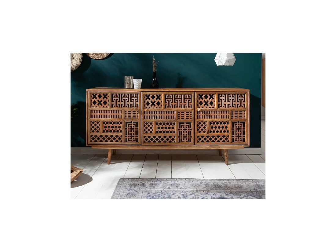 Buffet AZRA 160 cm en bois de manguier – 3 portes aux motifs géométriques