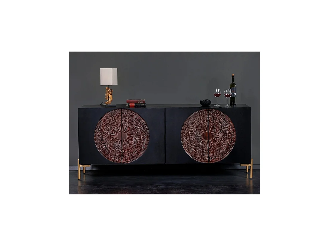 Buffet MAHARA 160 cm in massief mangohout - 4 gesneden deuren zwart, bruin en goud