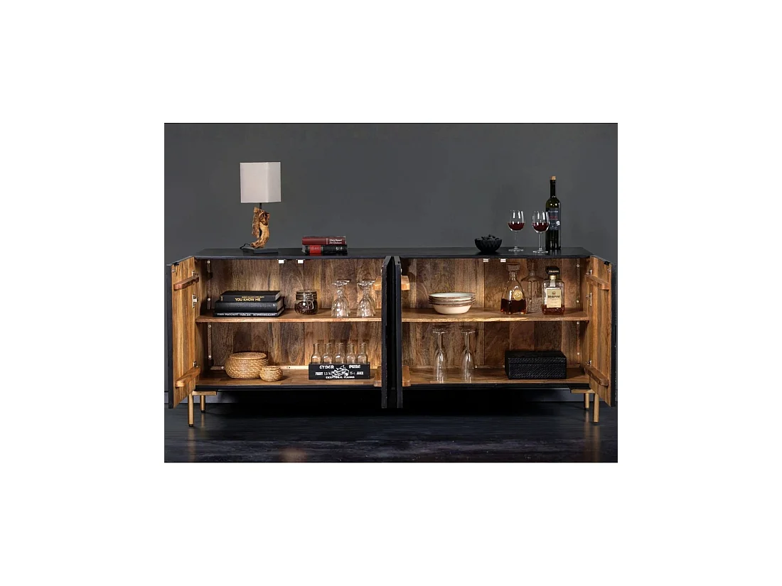 Buffet MAHARA 160 cm in massief mangohout - 4 gesneden deuren zwart, bruin en goud