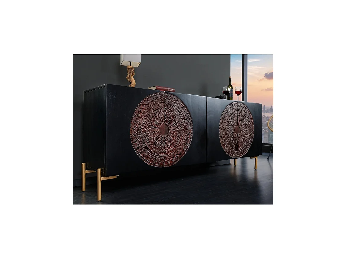 Buffet MAHARA 160 cm in massief mangohout - 4 gesneden deuren zwart, bruin en goud