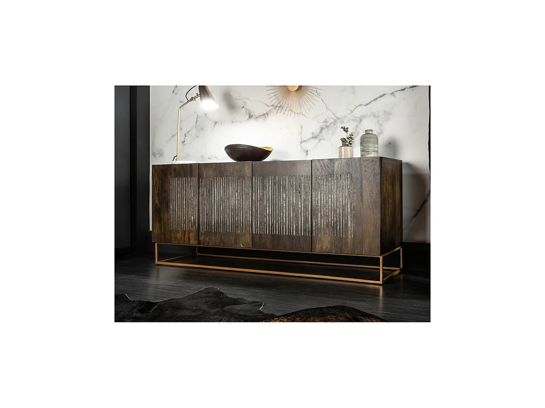 Buffet AMBRIA 177 cm in mangohout en agaatsteen - 4 deuren en gouden metalen poten