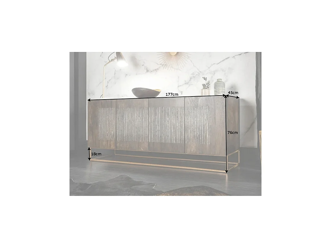 Buffet AMBRIA 177 cm in mangohout en agaatsteen - 4 deuren en gouden metalen poten