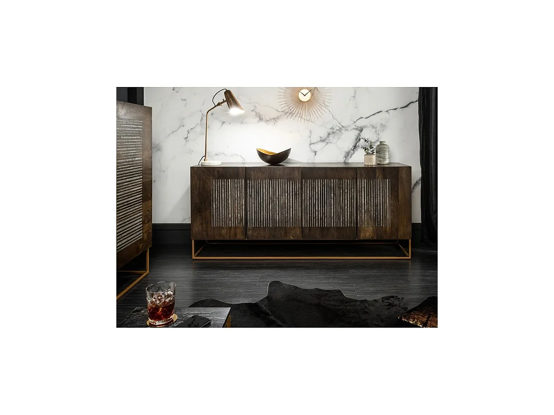 Buffet AMBRIA 177 cm in mangohout en agaatsteen - 4 deuren en gouden metalen poten