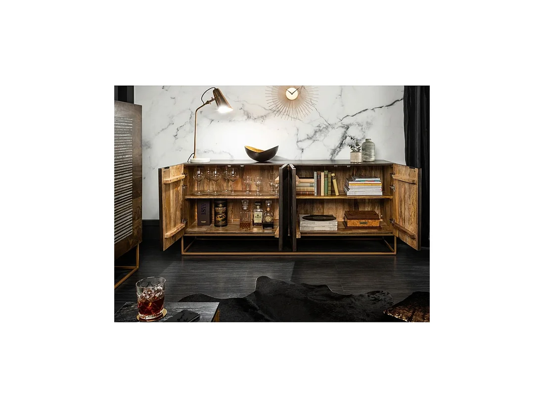 Buffet AMBRIA 177 cm in mangohout en agaatsteen - 4 deuren en gouden metalen poten