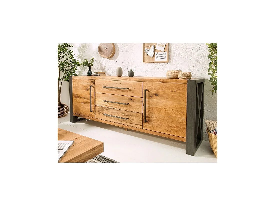 Buffet CAVARA 200 cm in massief eiken en zwart metaal - 2 deuren, 3 laden en grote opbergruimtes