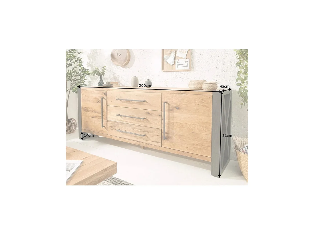 Buffet CAVARA 200 cm in massief eiken en zwart metaal - 2 deuren, 3 laden en grote opbergruimtes