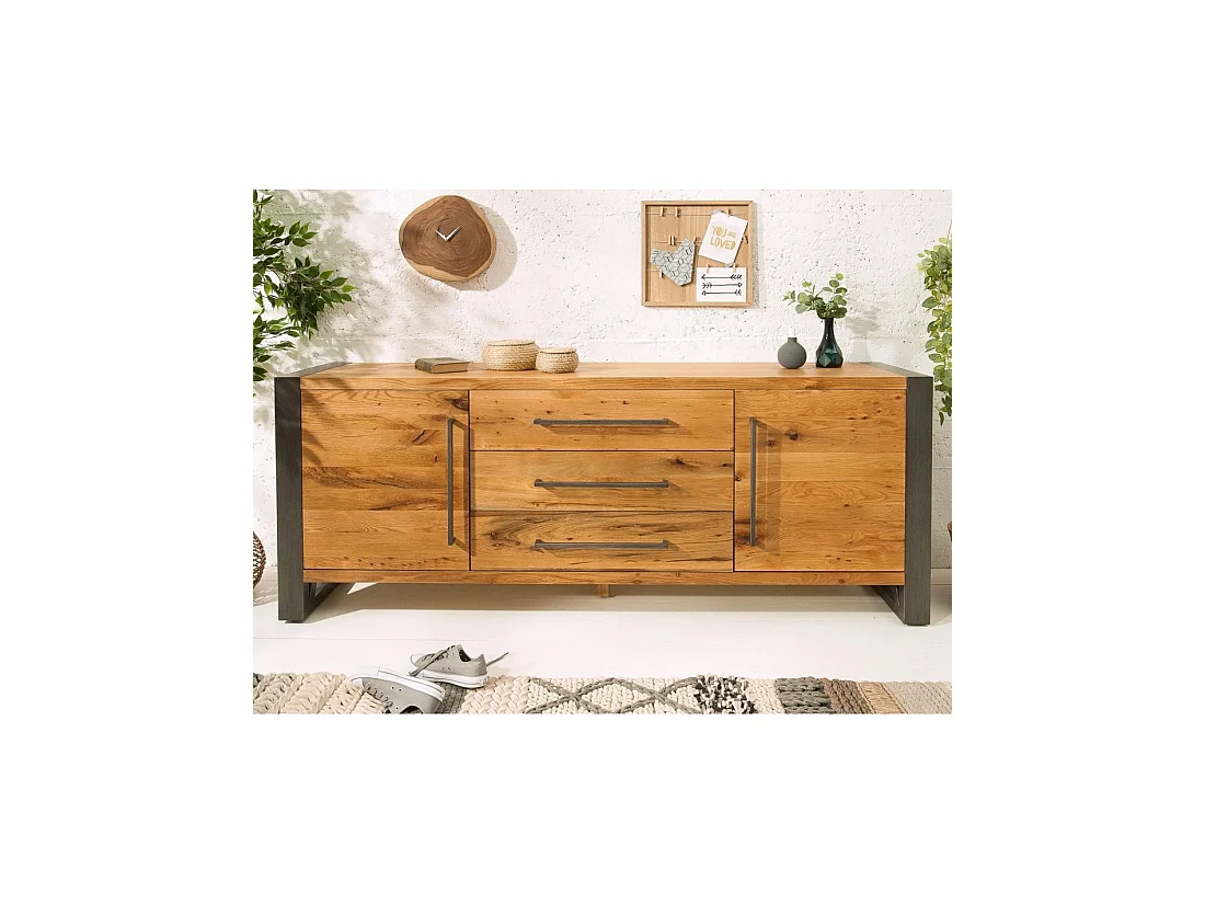 Buffet CAVARA 200 cm in massief eiken en zwart metaal - 2 deuren, 3 laden en grote opbergruimtes
