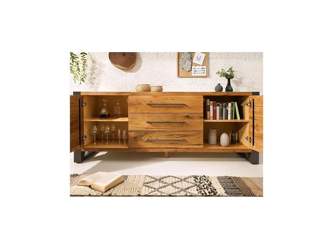 Buffet CAVARA 200 cm in massief eiken en zwart metaal - 2 deuren, 3 laden en grote opbergruimtes