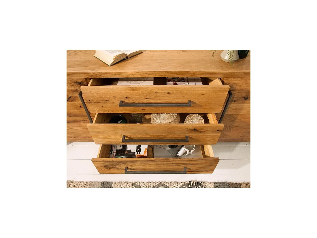 Buffet CAVARA 200 cm in massief eiken en zwart metaal - 2 deuren, 3 laden en grote opbergruimtes
