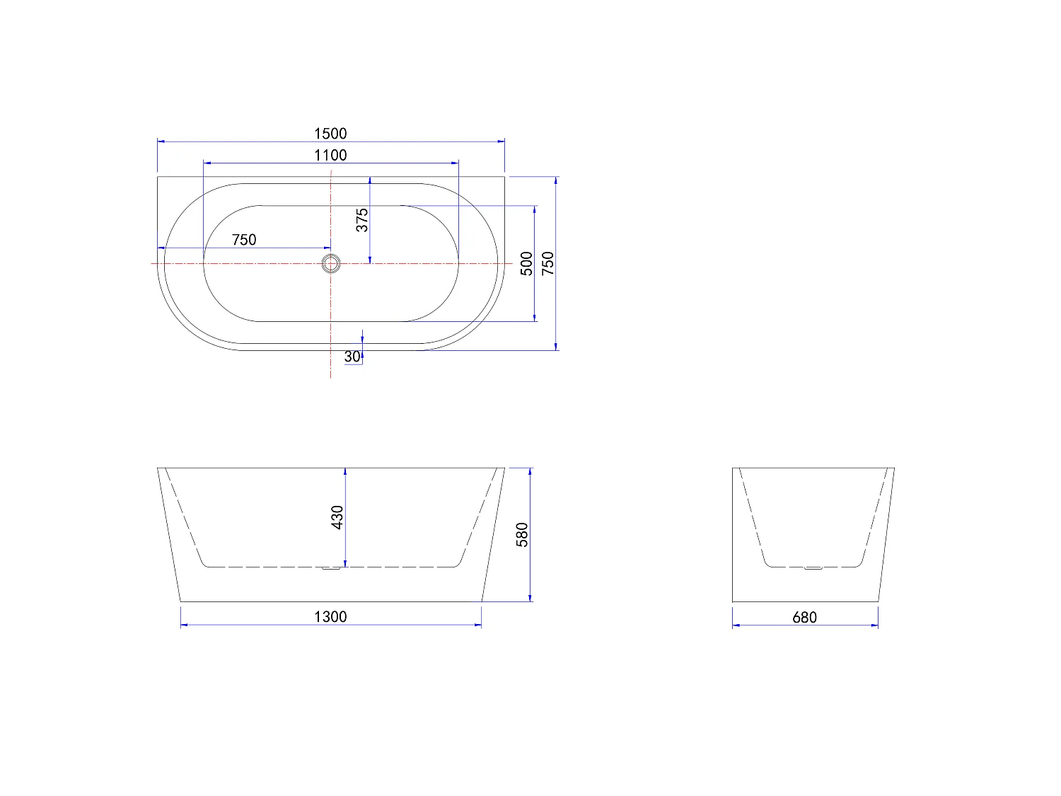 Vasca da Bagno a Isola in Acrilico 150x75x58 cm Semi-Freestanding Colore Bianco Angolo a Parete