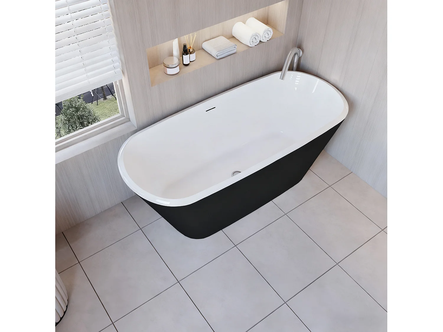 Vasca da Bagno a Isola Freestanding in Acrilico da 160x73x60 cm, Colore Nero, Forma Ovale