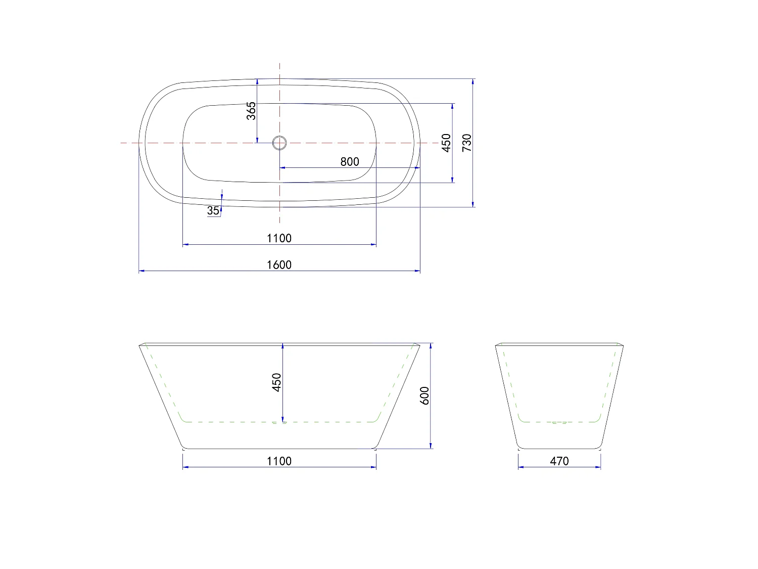 Vasca da Bagno a Isola Freestanding in Acrilico da 160x73x60 cm, Colore Nero, Forma Ovale