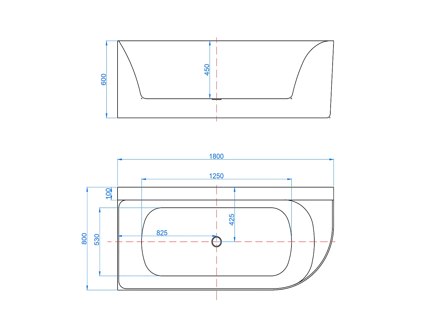 Vasca da Bagno a Isola in Acrilico 180x80x60 cm Semi-Freestanding Colore Bianco Angolo a Parete verso Sinistro