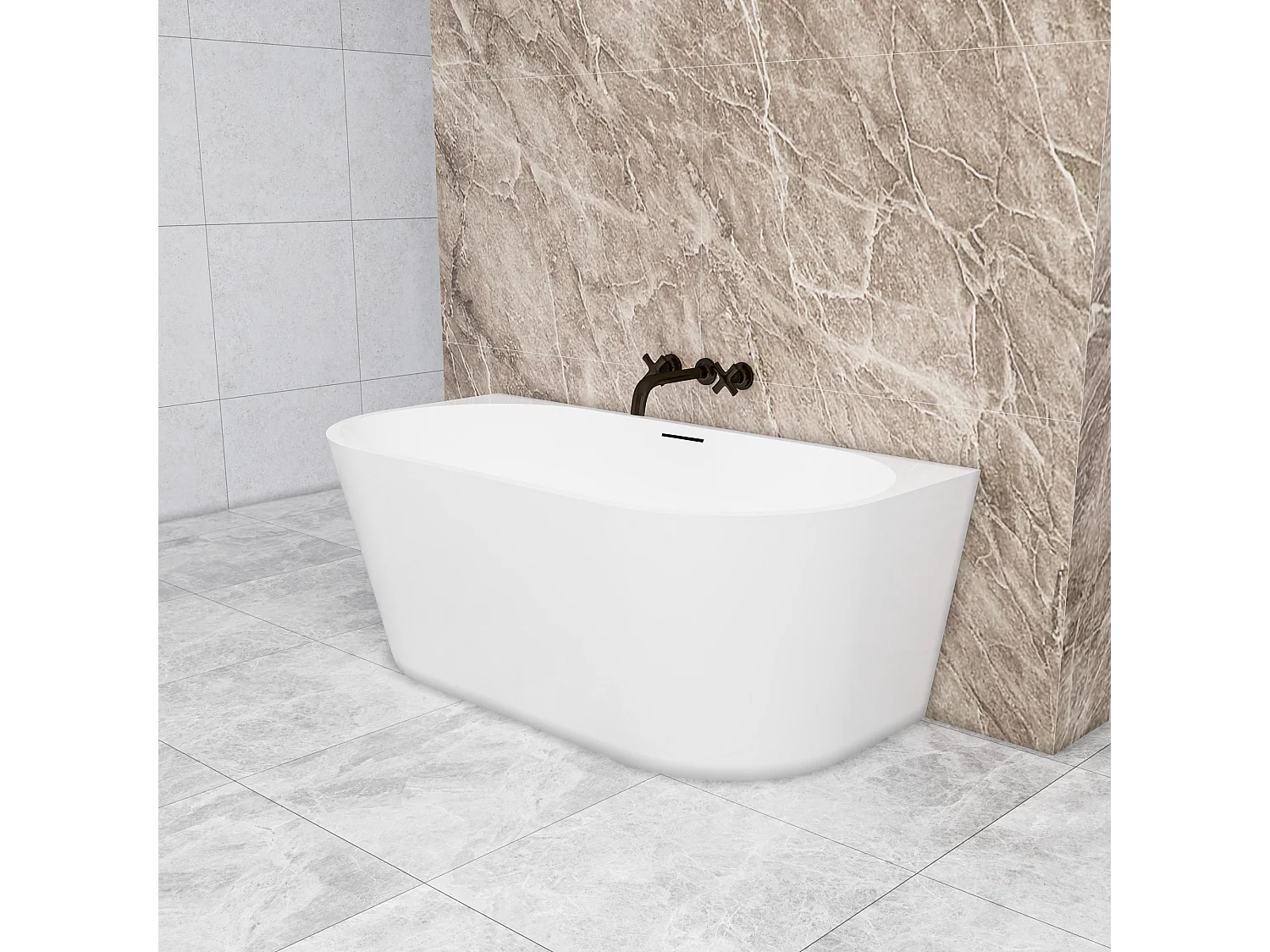 Vasca a Isola o da Parete 150x75x58 cm Vasca da Bagno Semi-Freestanding in Acrilico Bianco Ovale