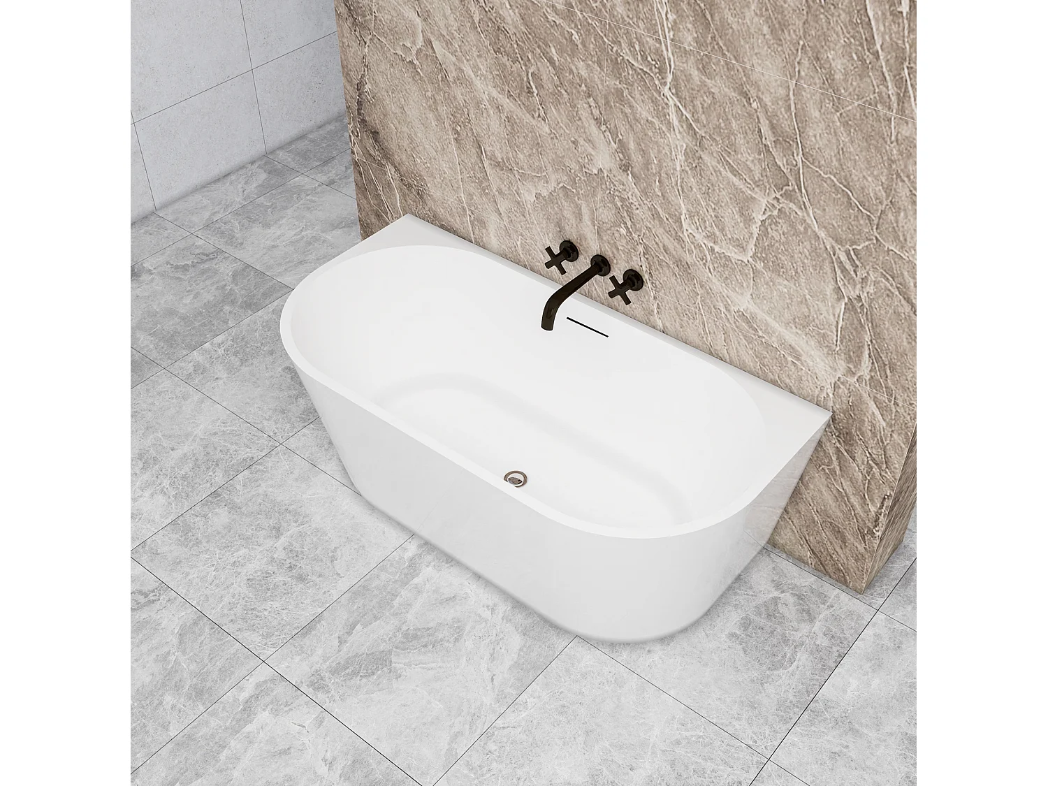 Vasca a Isola o da Parete 150x75x58 cm Vasca da Bagno Semi-Freestanding in Acrilico Bianco Ovale