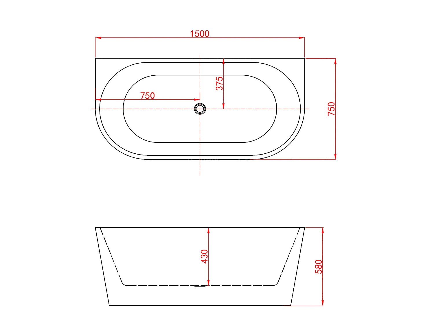 Vasca a Isola o da Parete 150x75x58 cm Vasca da Bagno Semi-Freestanding in Acrilico Bianco Ovale