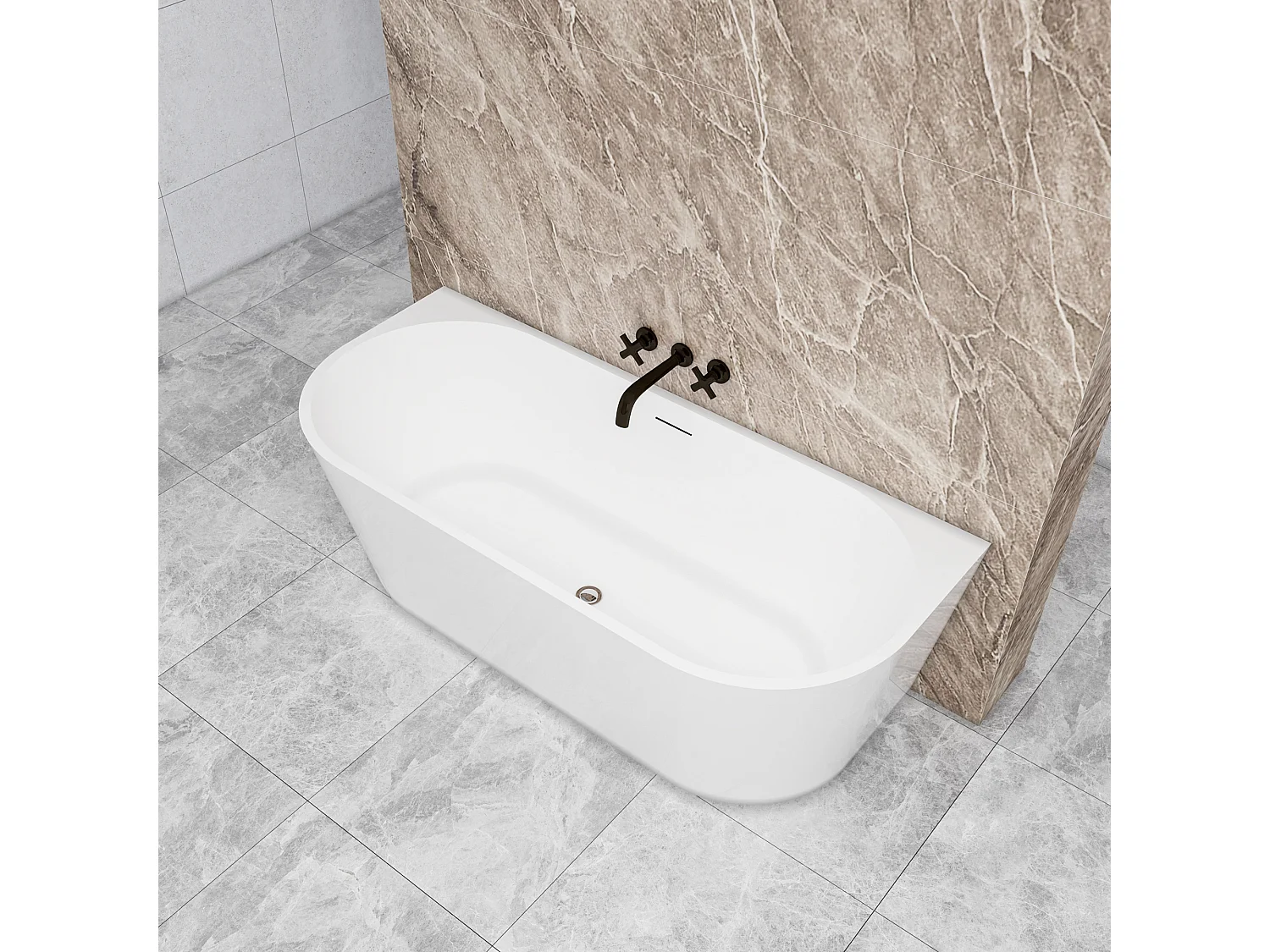 Vasca a Isola o da Parete 170x80x60 cm Vasca da Bagno Semi-Freestanding in Acrilico Bianco Ovale