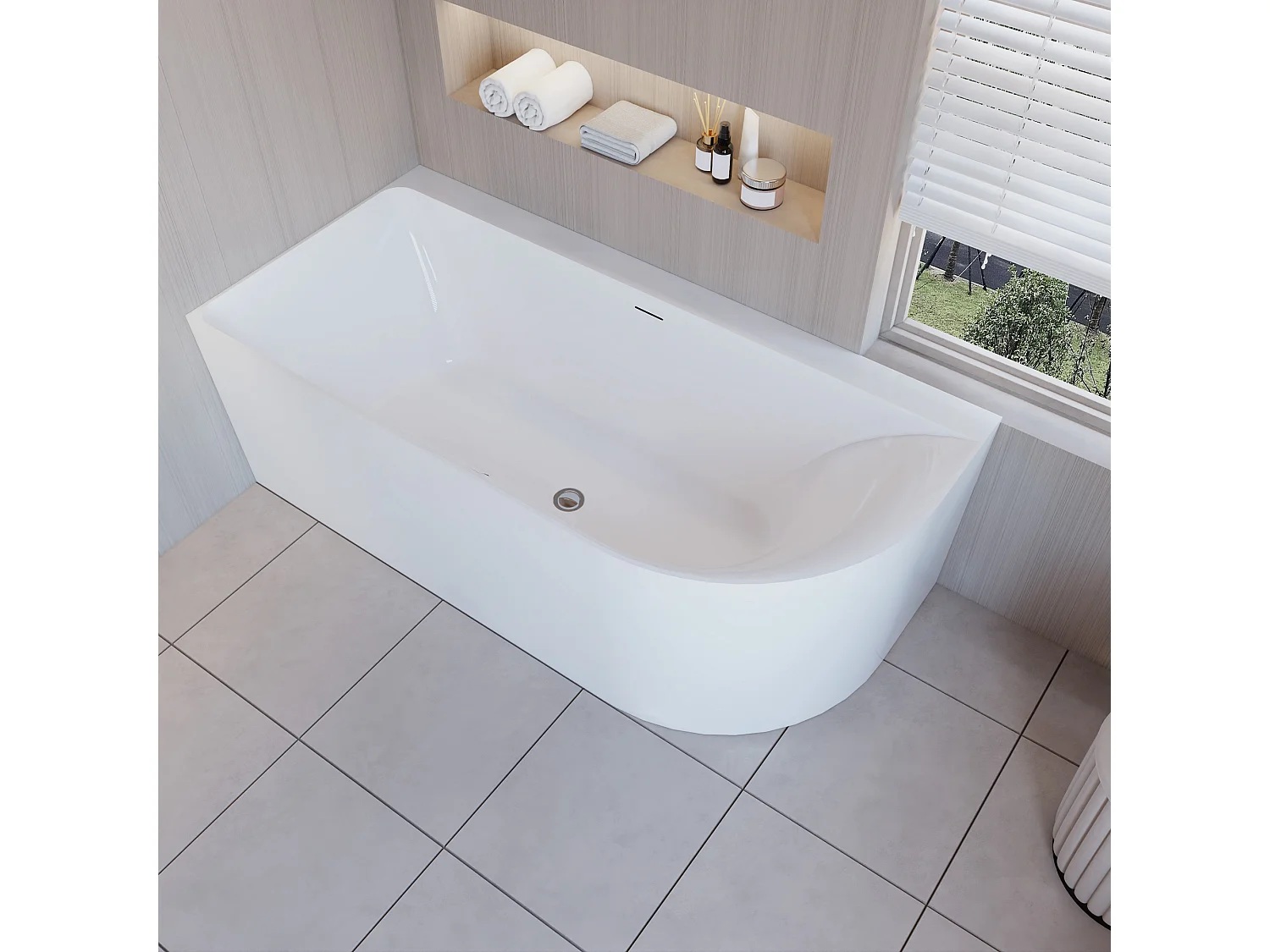 Vasca da Bagno a Isola in Acrilico 165x75x60 cm Semi-Freestanding Colore Bianco Angolo a Parete verso Sinistro