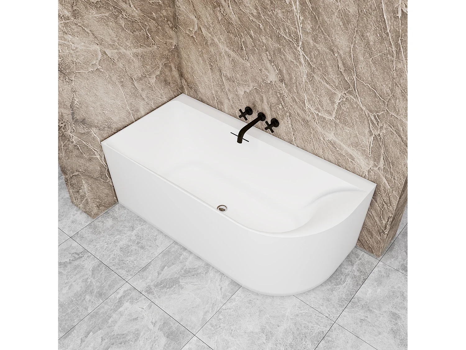 Vasca a Isola Angolare Asimmetrica SINISTRA 165x75x60 cm Bianco Vasca da Bagno Semi-Freestanding in Acrilico