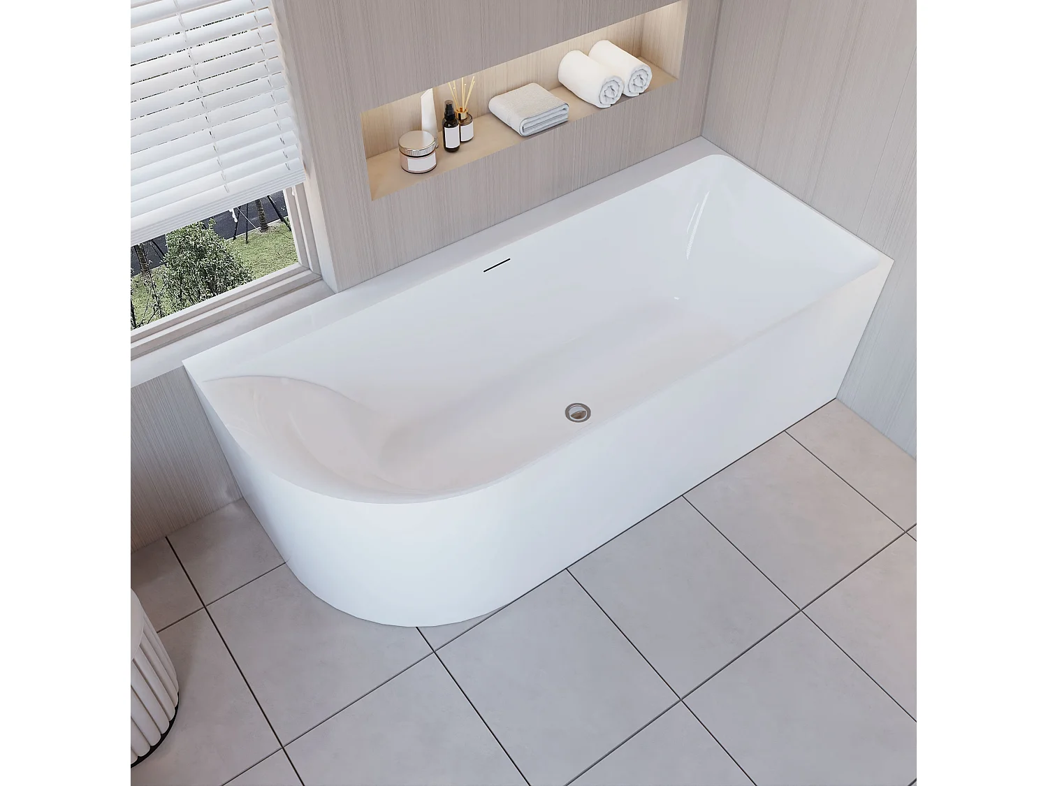 Vasca da Bagno a Isola in Acrilico 180x80x60 cm Semi-Freestanding Colore Bianco Angolo a Parete verso Destro
