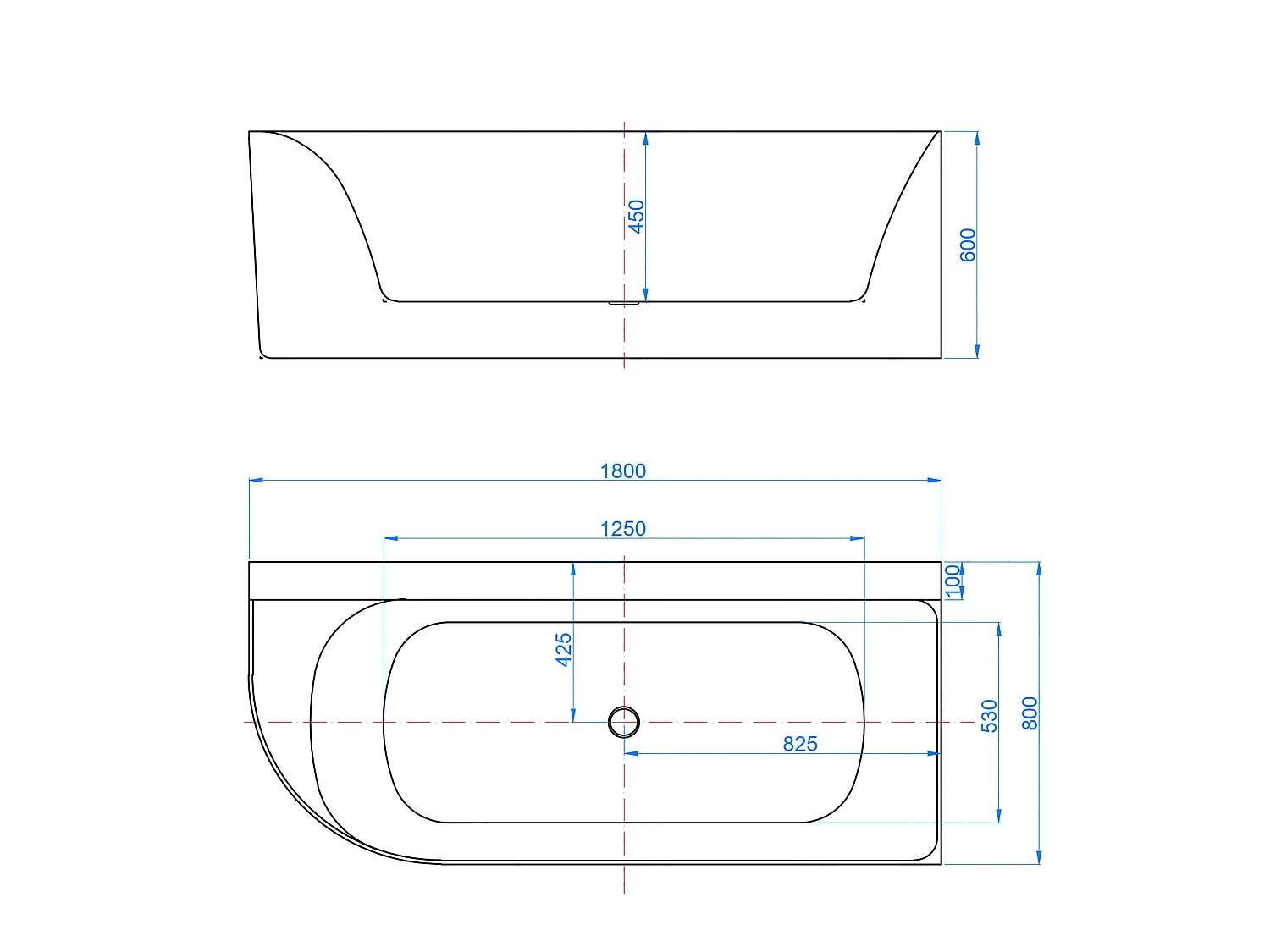 Vasca da Bagno a Isola in Acrilico 180x80x60 cm Semi-Freestanding Colore Bianco Angolo a Parete verso Destro
