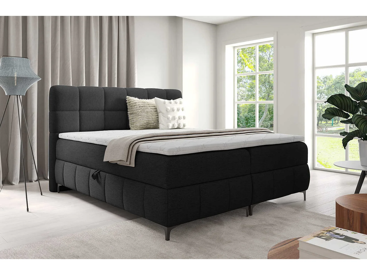 Łóżko dwuosobowe 180x200 Altessa, materac H3, metalowe nogi, topper i pojemnik - czarny
