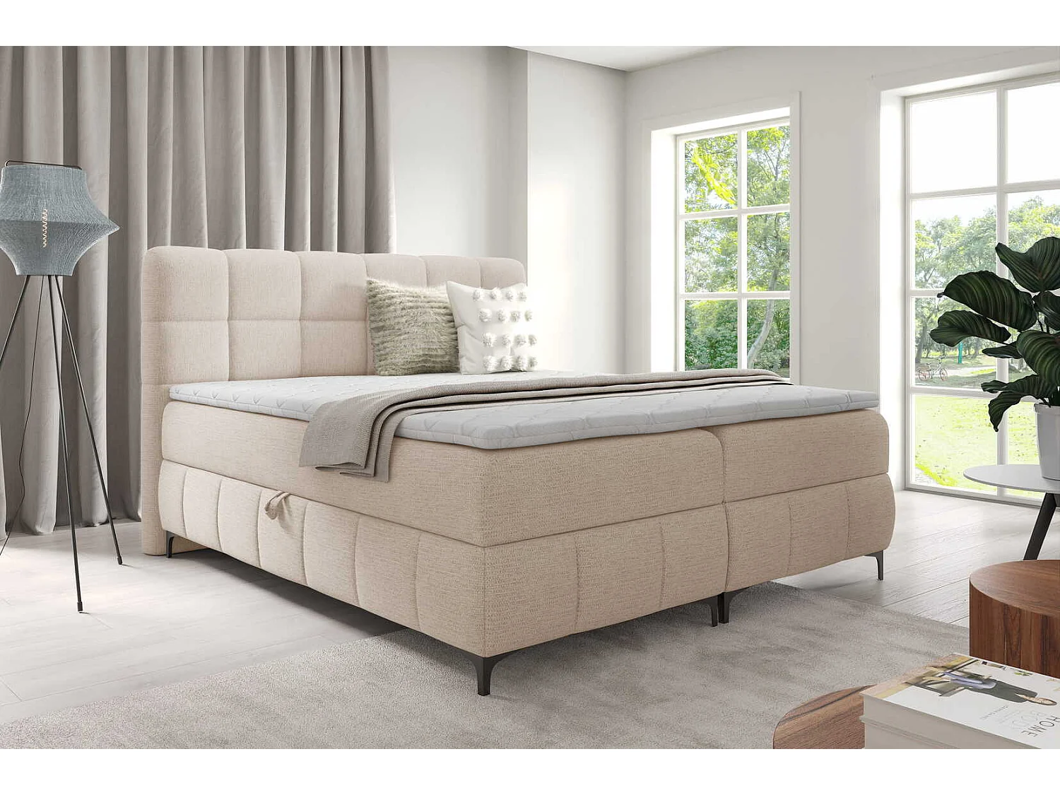 Łóżko dwuosobowe 160x200 Altessa, materac H3, metalowe nogi, topper i pojemnik - beżowy