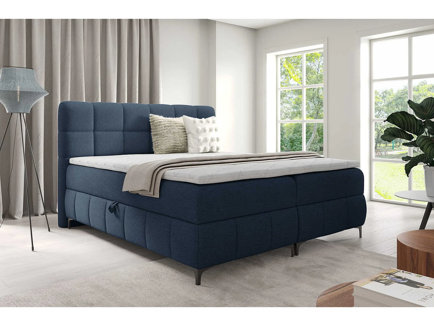 Tweepersoonsbed 180x200 cm Altessa, H3-matras, metalen poten, topper en opbergruimte, Donkerblauw