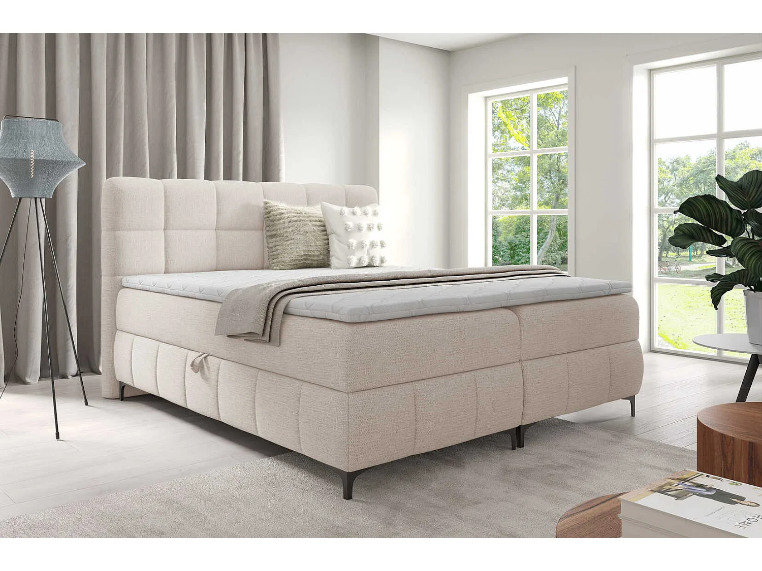 Łóżko dwuosobowe 140x200 Altessa, materac H3, metalowe nogi, topper i pojemnik - kremowy