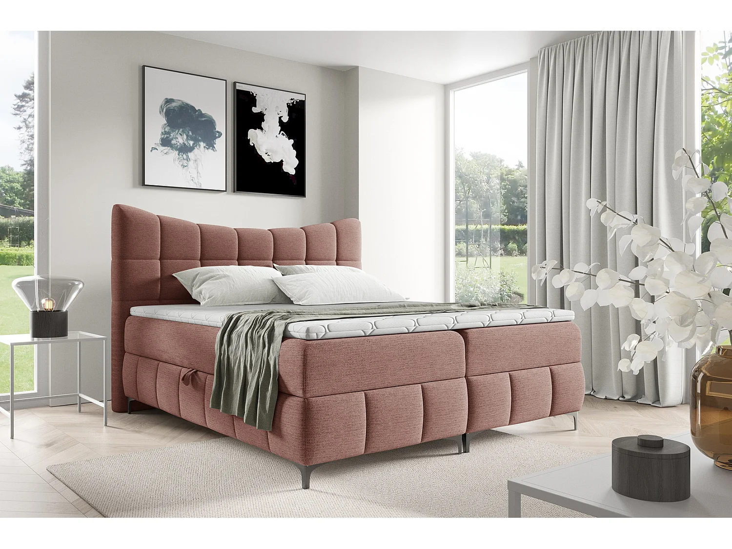 Boxspringbed 160x200 cm Almera met opbergruimte, H3-matras, topper, modern design, Poederroze