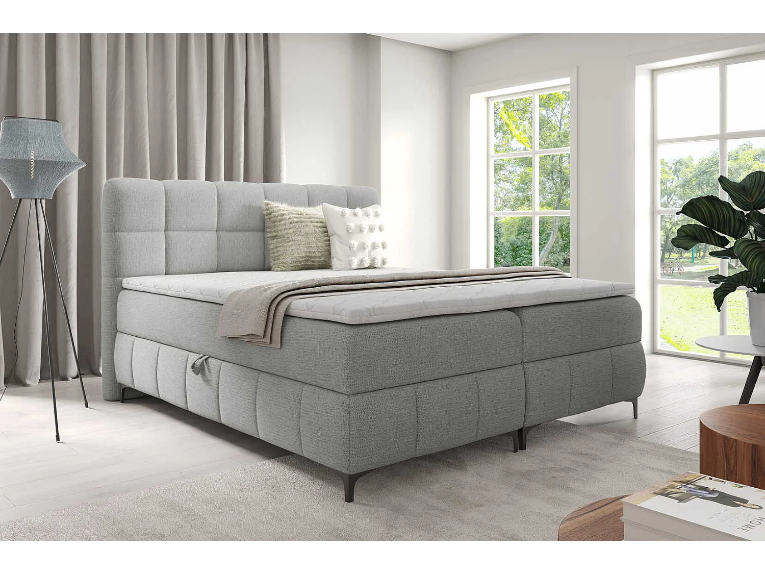 Łóżko dwuosobowe 160x200 Altessa, materac H3, metalowe nogi, topper i pojemnik - jasny szary