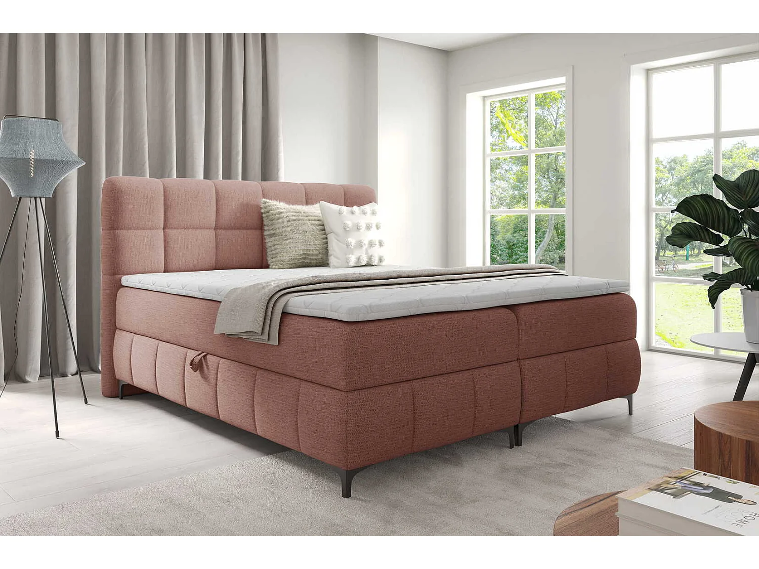 Tweepersoonsbed 160x200 cm Altessa, H3-matras, metalen poten, topper en opbergruimte, Poederroze