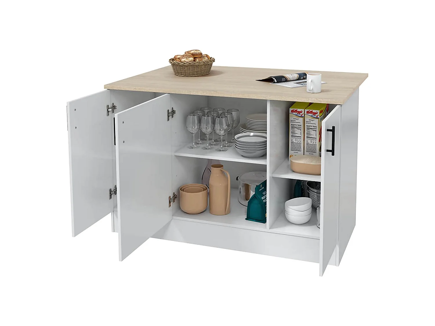 Îlot de Cuisine Siha, 3 Étagères, 138x94x90h cm Blanc Brillant, Meuble Garde-Manger, 6 Compartiments, Portes Battantes