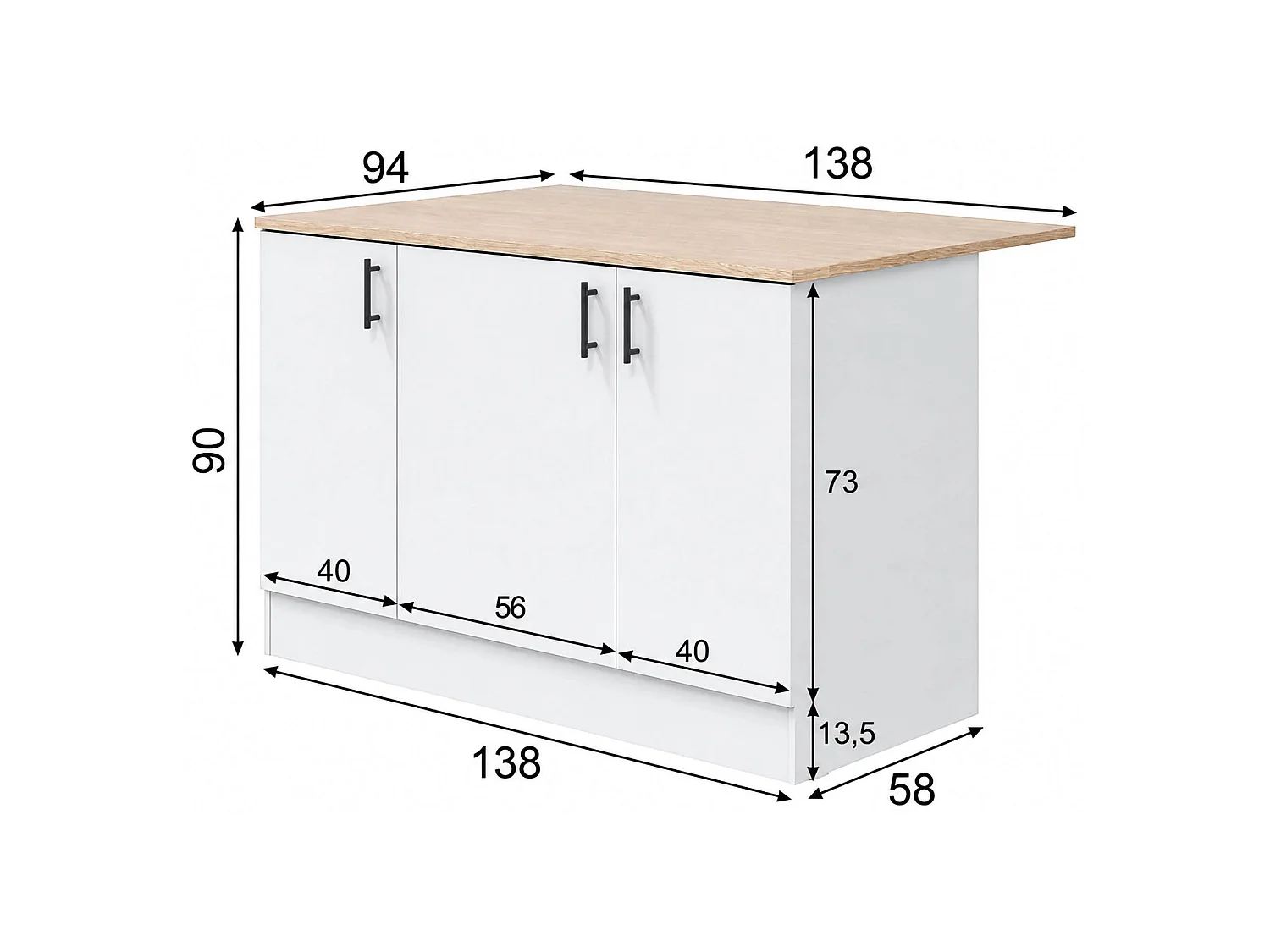 Îlot de Cuisine Siha, 3 Étagères, 138x94x90h cm Blanc Brillant, Meuble Garde-Manger, 6 Compartiments, Portes Battantes