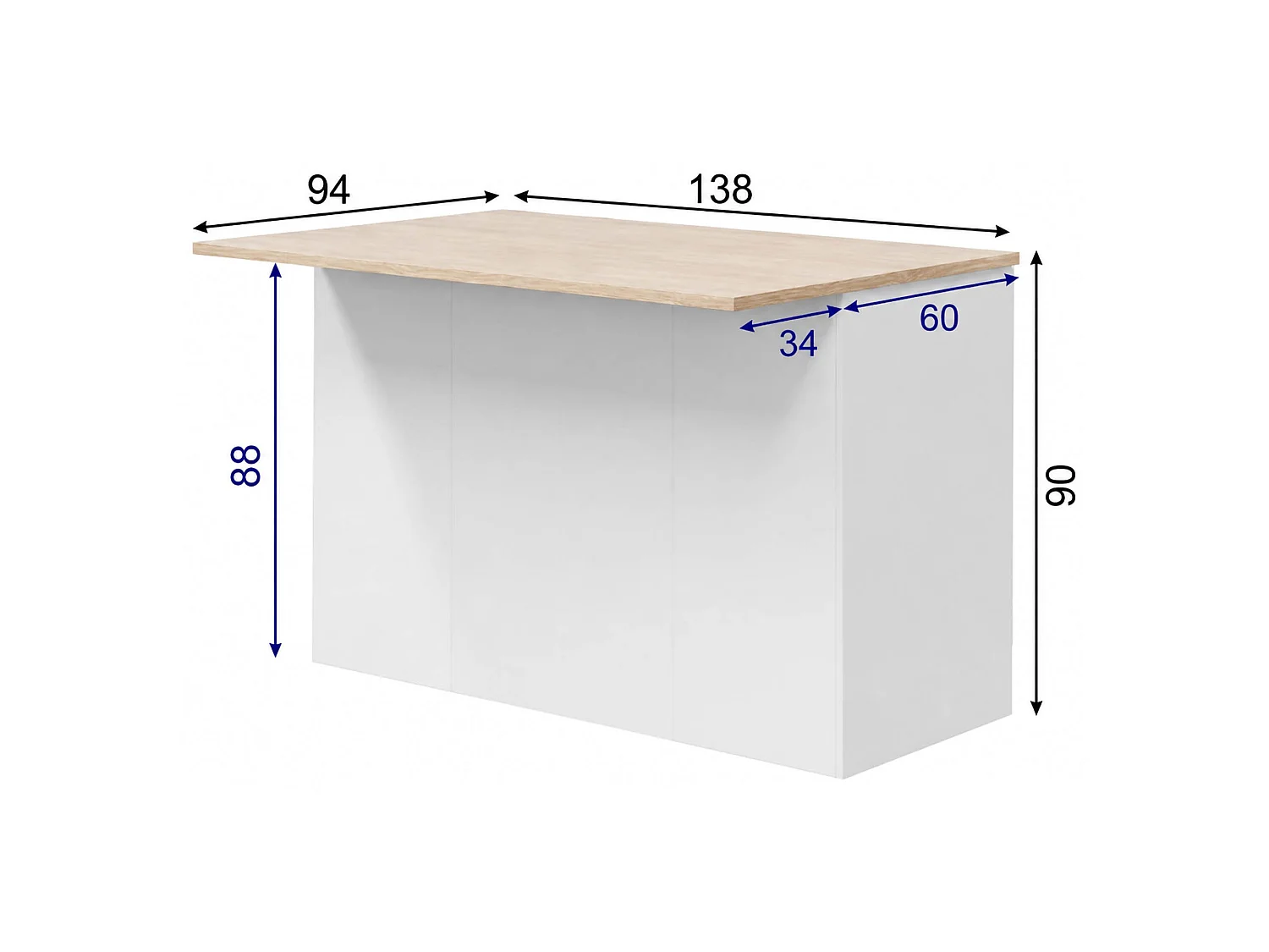 Îlot de Cuisine Siha, 3 Étagères, 138x94x90h cm Blanc Brillant, Meuble Garde-Manger, 6 Compartiments, Portes Battantes