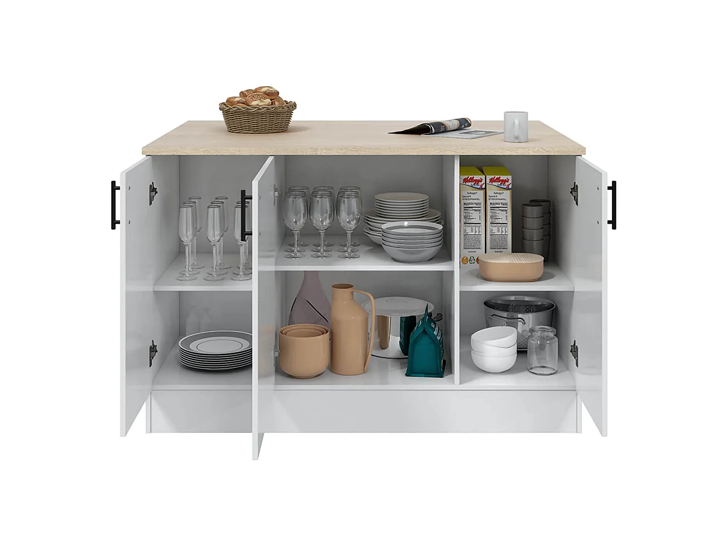 Îlot de Cuisine Siha, 3 Étagères, 138x94x90h cm Blanc Brillant, Meuble Garde-Manger, 6 Compartiments, Portes Battantes