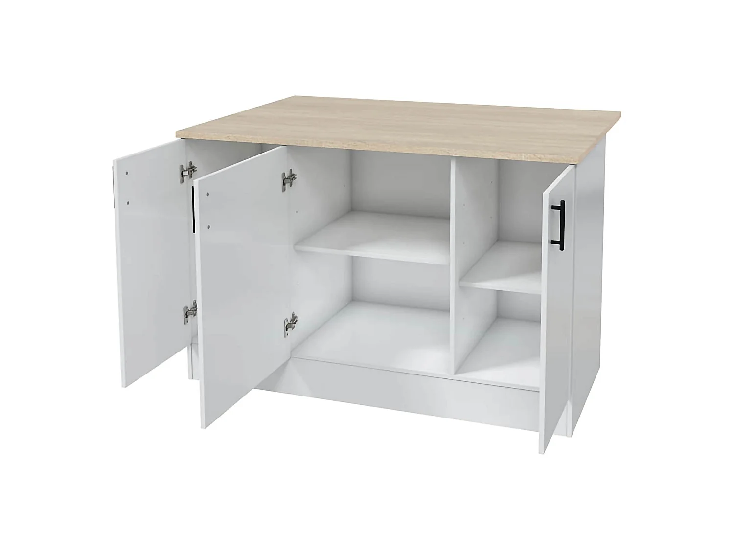 Îlot de Cuisine Siha, 3 Étagères, 138x94x90h cm Blanc Brillant, Meuble Garde-Manger, 6 Compartiments, Portes Battantes