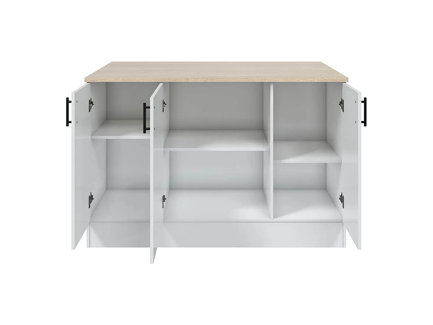 Îlot de Cuisine Siha, 3 Étagères, 138x94x90h cm Blanc Brillant, Meuble Garde-Manger, 6 Compartiments, Portes Battantes