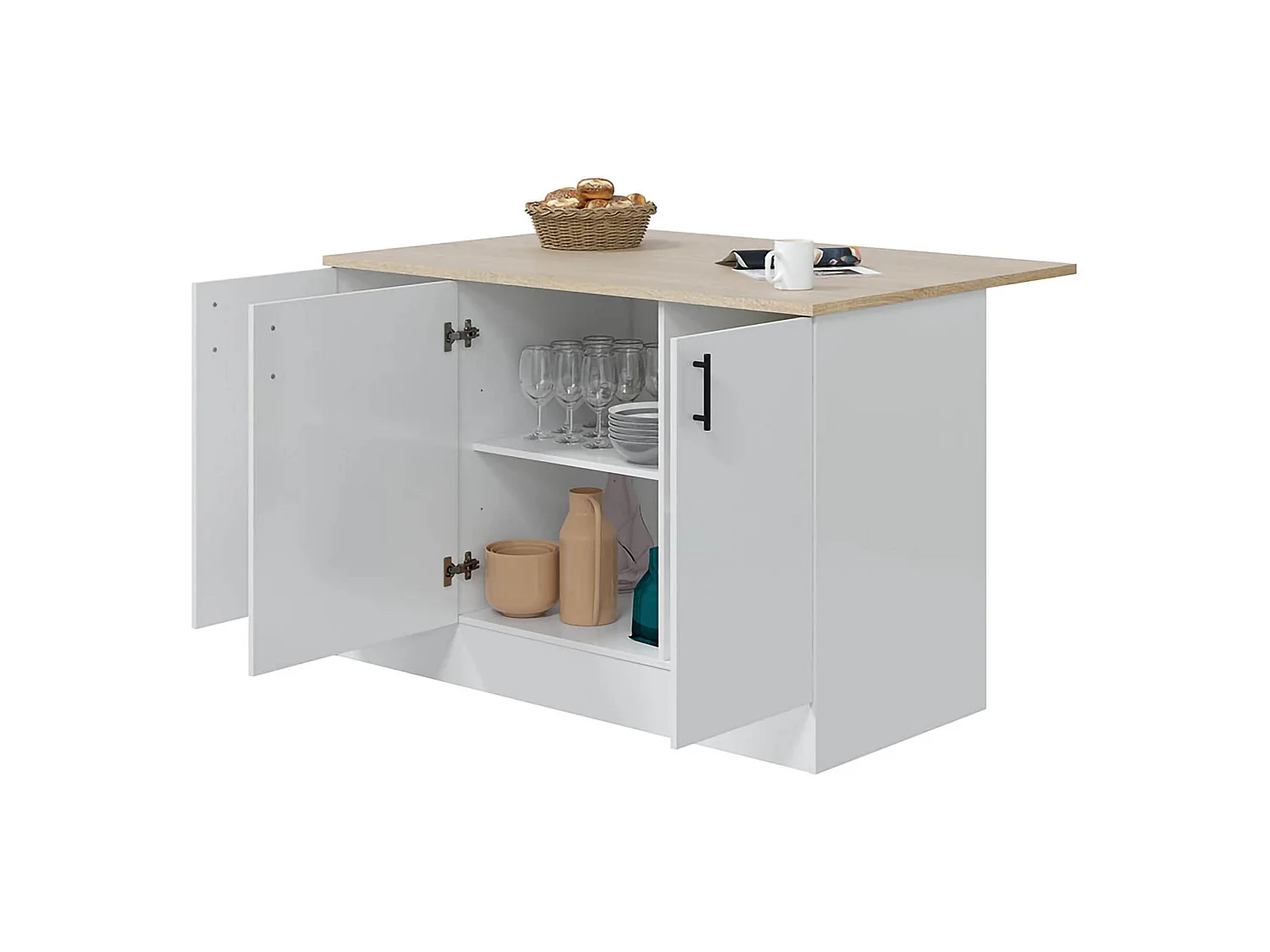 Îlot de Cuisine Siha, 3 Étagères, 138x94x90h cm Blanc Brillant, Meuble Garde-Manger, 6 Compartiments, Portes Battantes