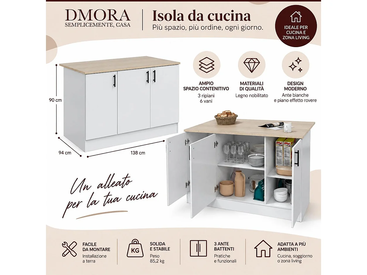 Îlot de Cuisine Siha, 3 Étagères, 138x94x90h cm Blanc Brillant, Meuble Garde-Manger, 6 Compartiments, Portes Battantes