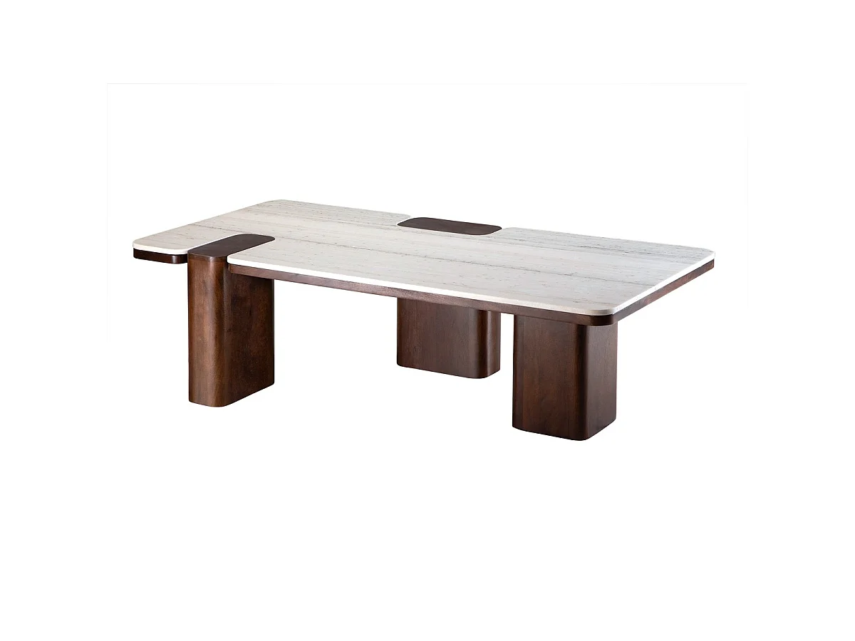 Table basse en bois de manguier et marbre - PUZZLE