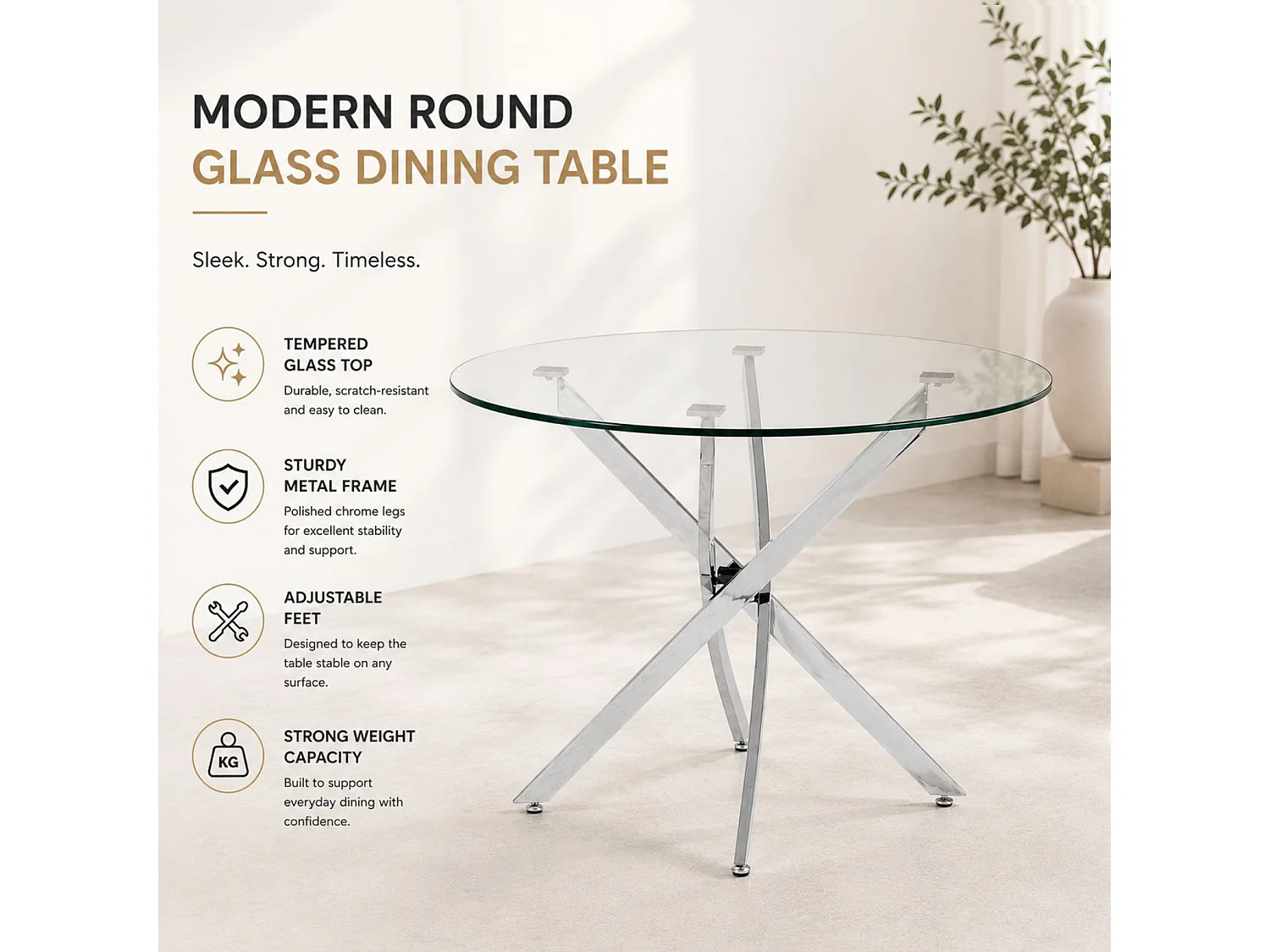 Oira Homes Modern 4 Seater Dining Table Set With Round Glass Dining Table And 4 Cream Velvet Chairs