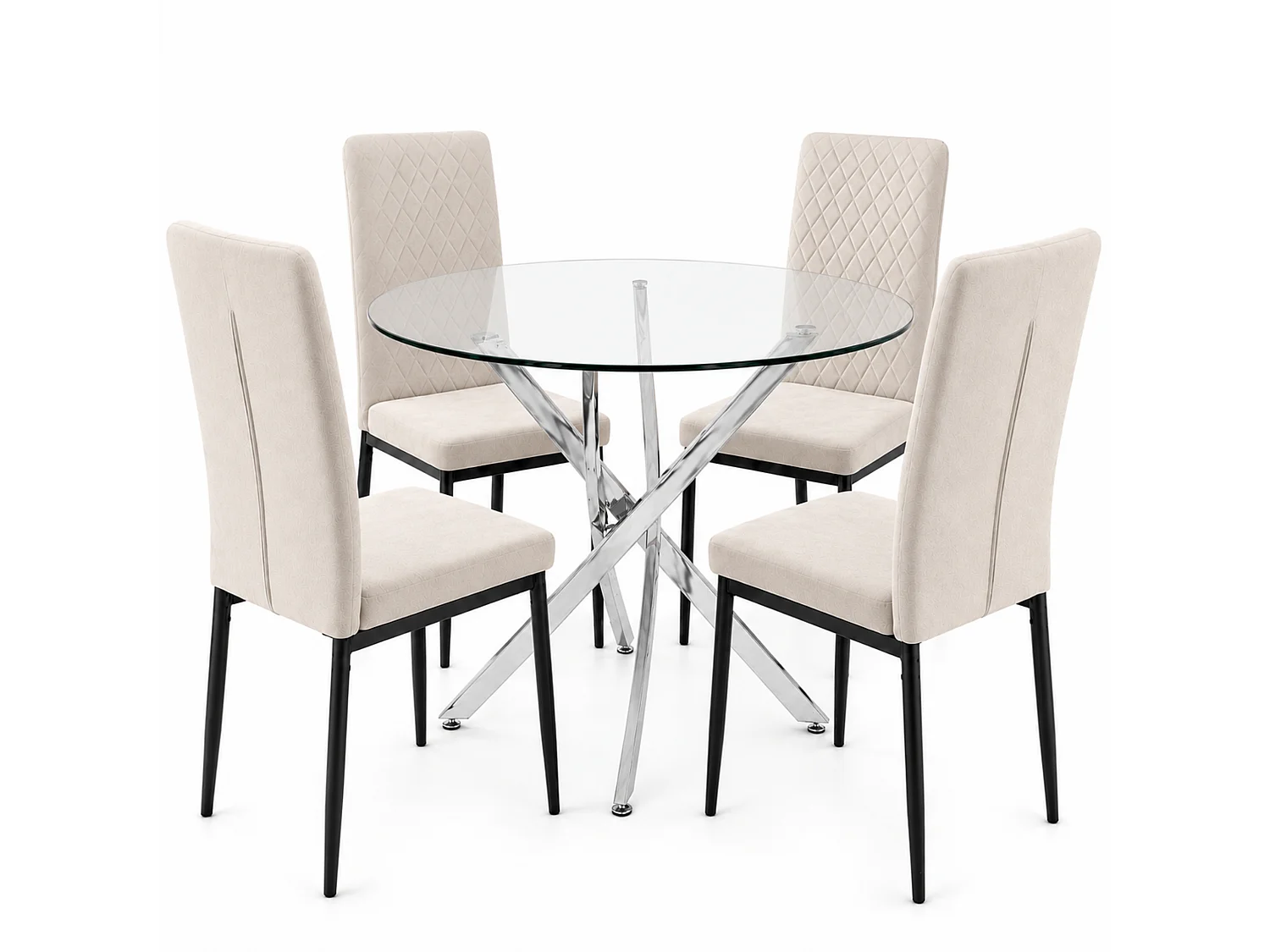 Oira Homes Modern 4 Seater Dining Table Set With Round Glass Dining Table And 4 Cream Velvet Chairs